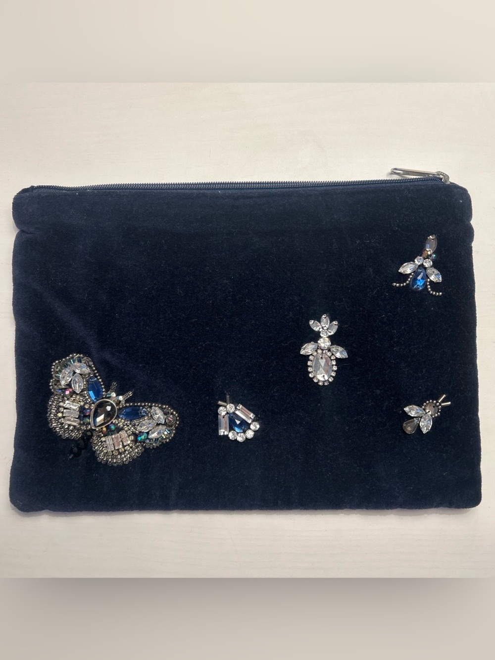 J Crew navy velvet beaded clutch pouch